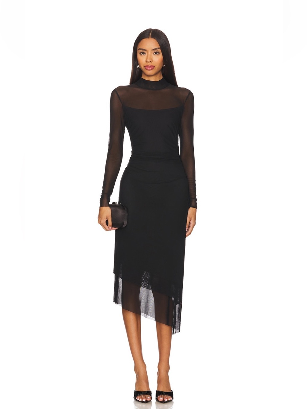 Steve Madden Black Sheer Long Sleeve Asymmetric Midi Dress